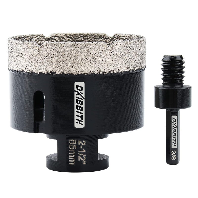 DKIBBITH 2-1/2'' Dry Diamond Hole Saw, 65mm Hole Saw Brazed Core BitGranite Tile Quartzite Marble Porcelain Ceramic Stones5/8-11 ThreadAngle Grinders and 3/8'' Hex ShankElectric Drills Black - Image 1